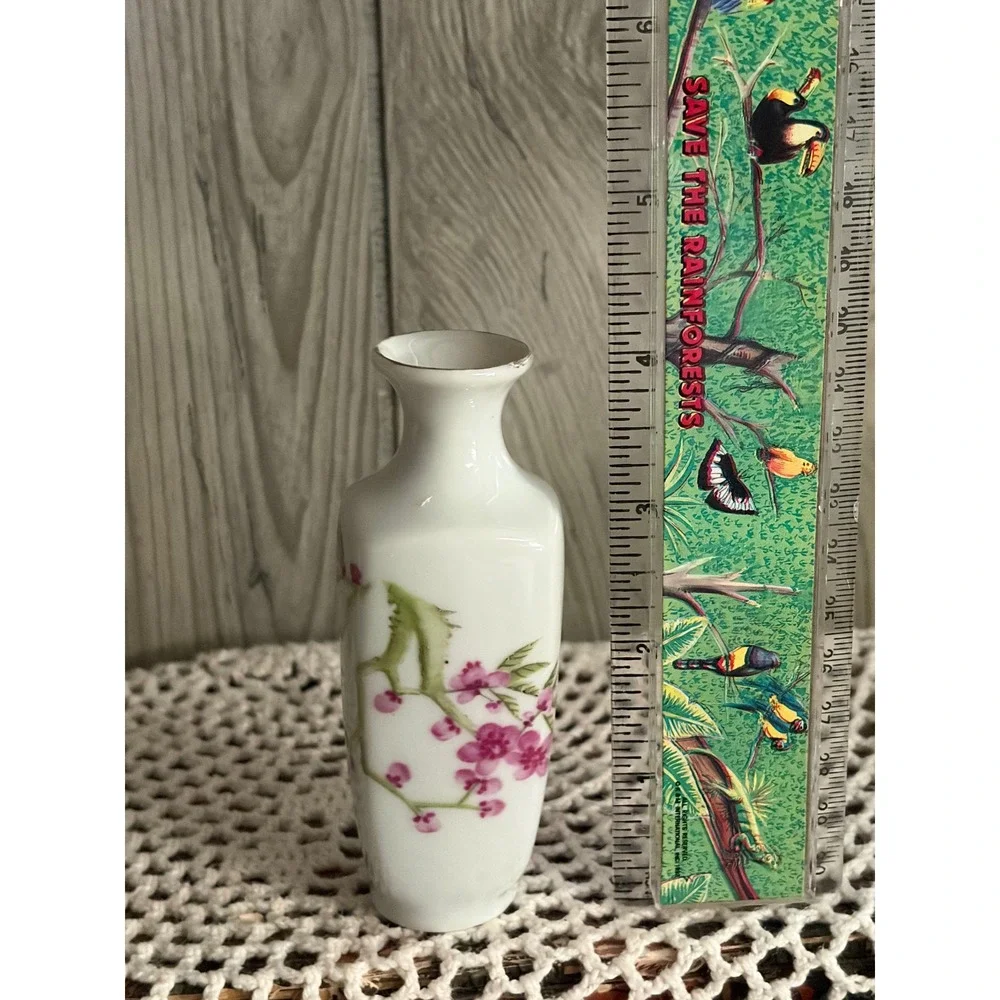Vintage Miniature Porcelain Bud Vase Pink Cherry Blossom Floral Gold Trim 4.25